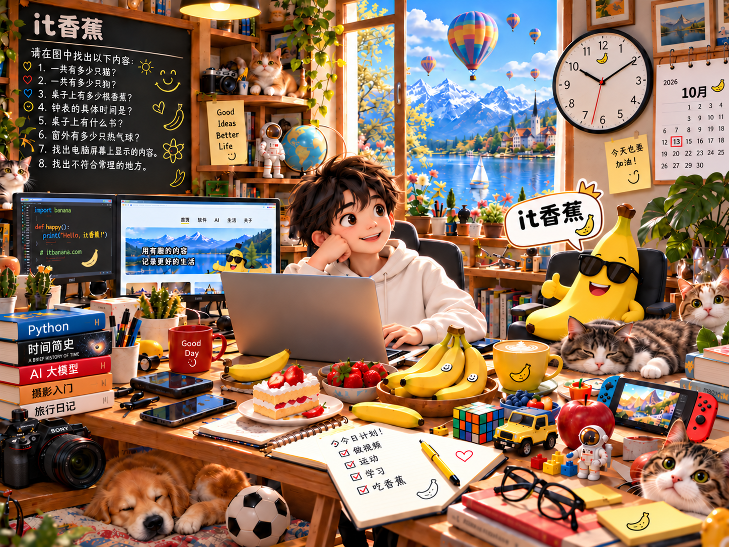 IT 香蕉识图测试原图:工作室中的猫、狗、香蕉、钟表、日历与电脑屏幕