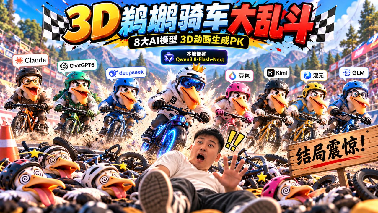 本地 Qwen3.8 Flash-Next 再战云端 AI：3D 鹈鹕骑自行车，9 个作品直接体验